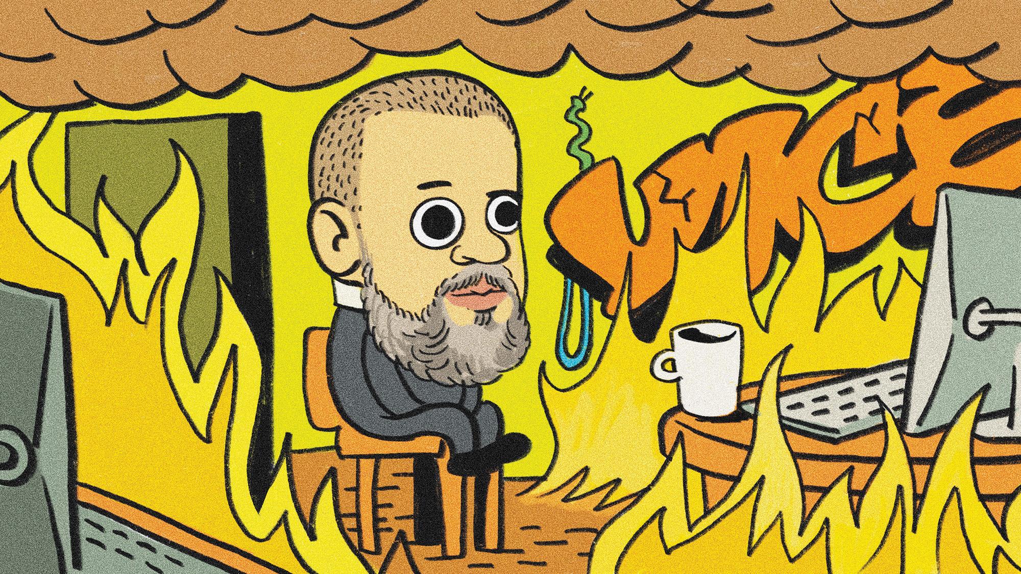 illustration of Shane Smith in a burning office